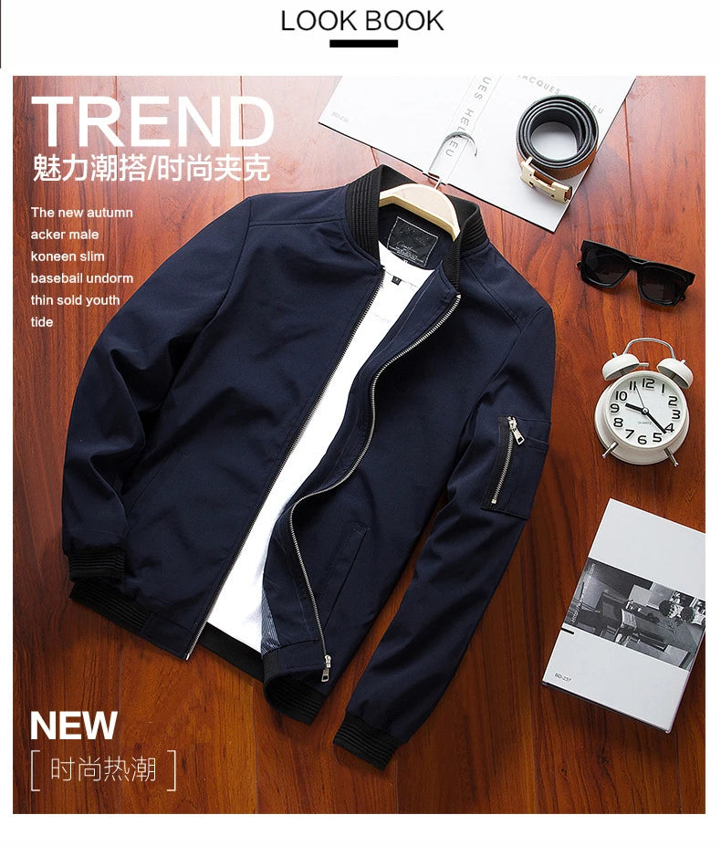 Men Bomber Jacket Thin Slim Long Sleeve baseball Jackets Mens.