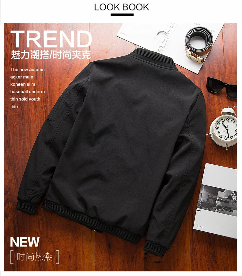 Men Bomber Jacket Thin Slim Long Sleeve baseball Jackets Mens.