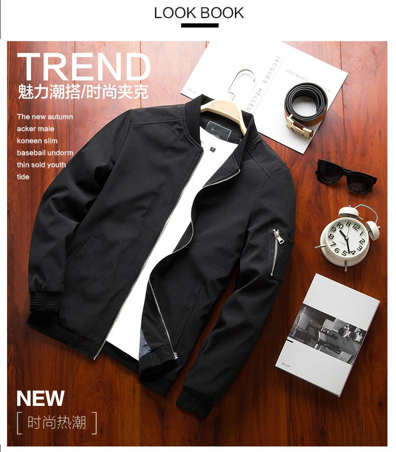 Men Bomber Jacket Thin Slim Long Sleeve baseball Jackets Mens.