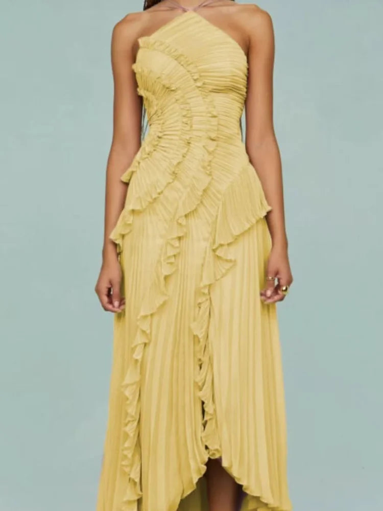 Chic pleated halter neck long vacation dress