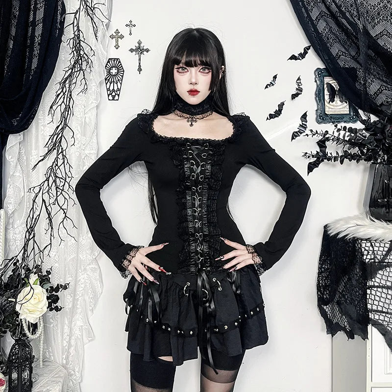 Goth Black Lace Trim Long Sleeve T-Shirts Vintage Sexy.