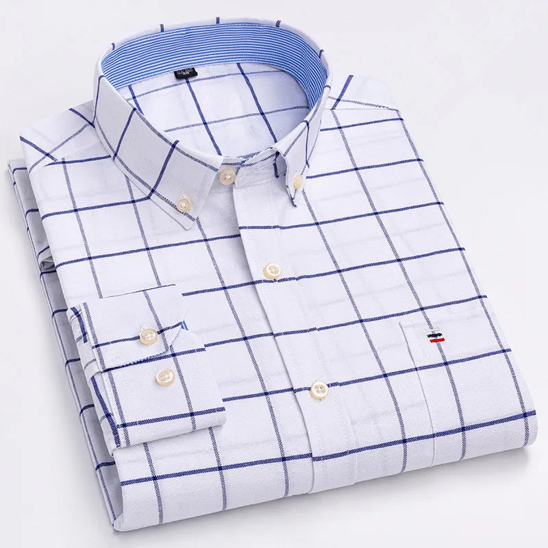 Long Sleeve Plaid Oxford Casual Solid Shirt