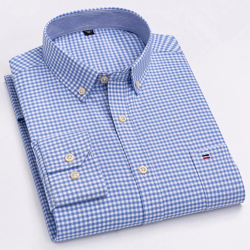 Long Sleeve Plaid Oxford Casual Solid Shirt