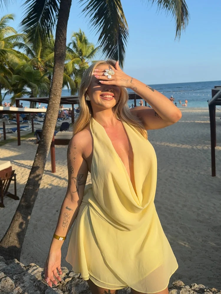 Summer Shiny Skinny Pleated Mini Dress