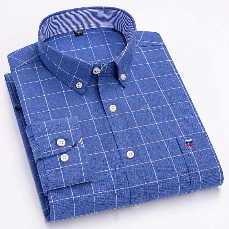 Long Sleeve Plaid Oxford Casual Solid Shirt