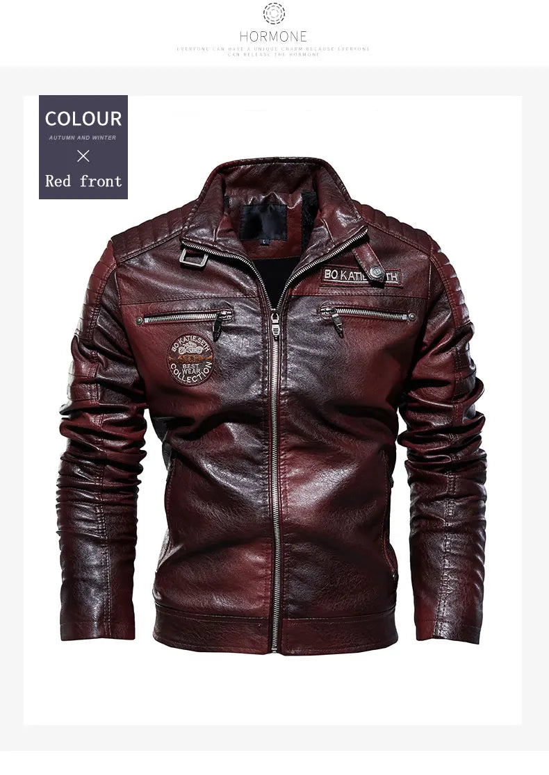Leather Jacket Men Winter Fleece Motorcycle Faux