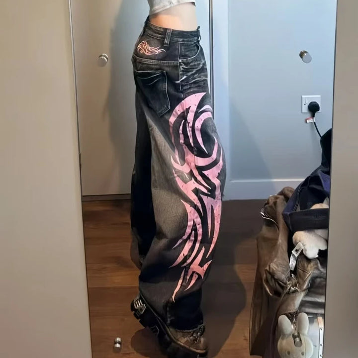 Mottled Totem Print Baggy Jeans Women's High Waist.