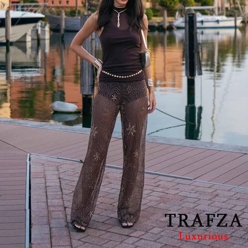 TRAFZA Sexy Chic Women Transparent Pants.