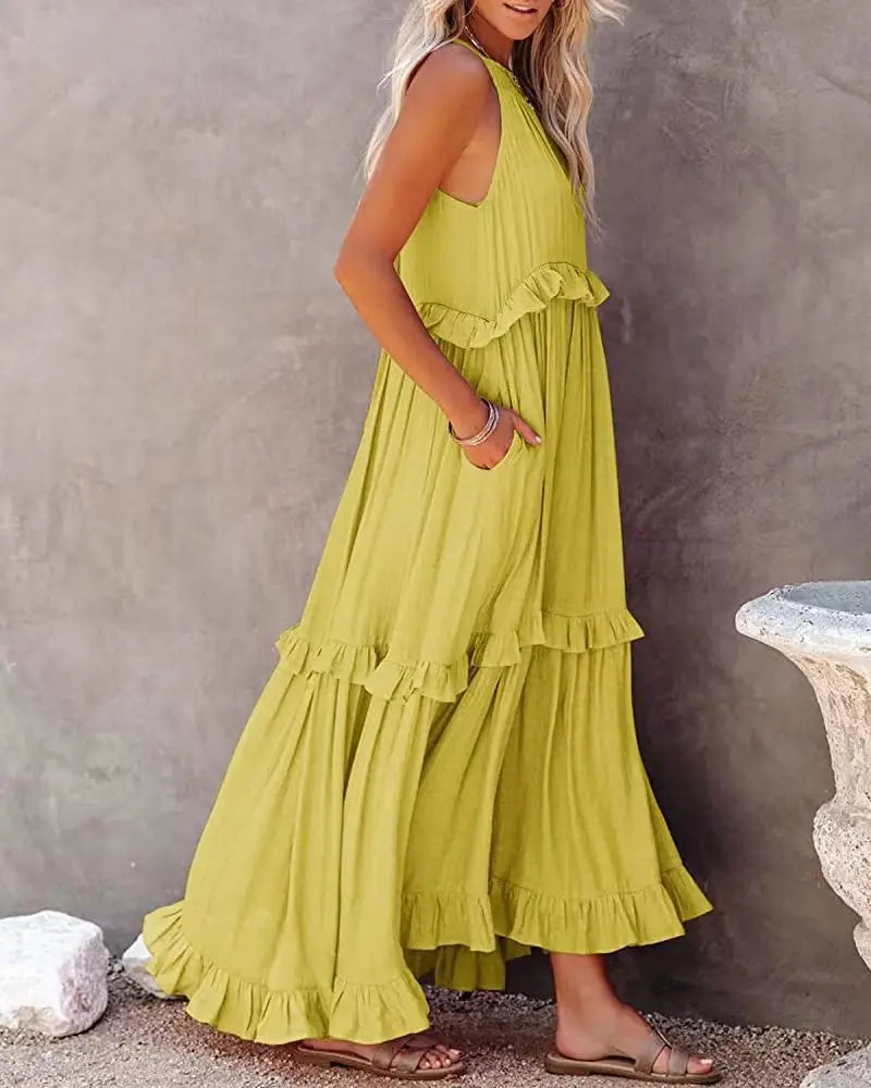 Women Casual Solid Ruffles Long Dress