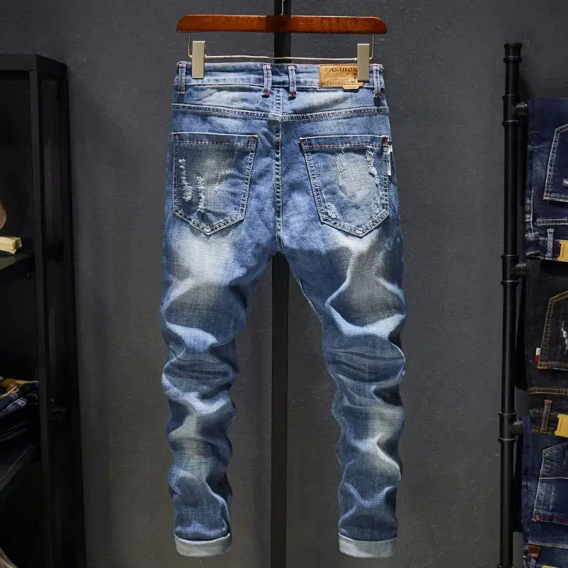 Men Ripped Worn-out Slim-fit Cotton Denim Pants