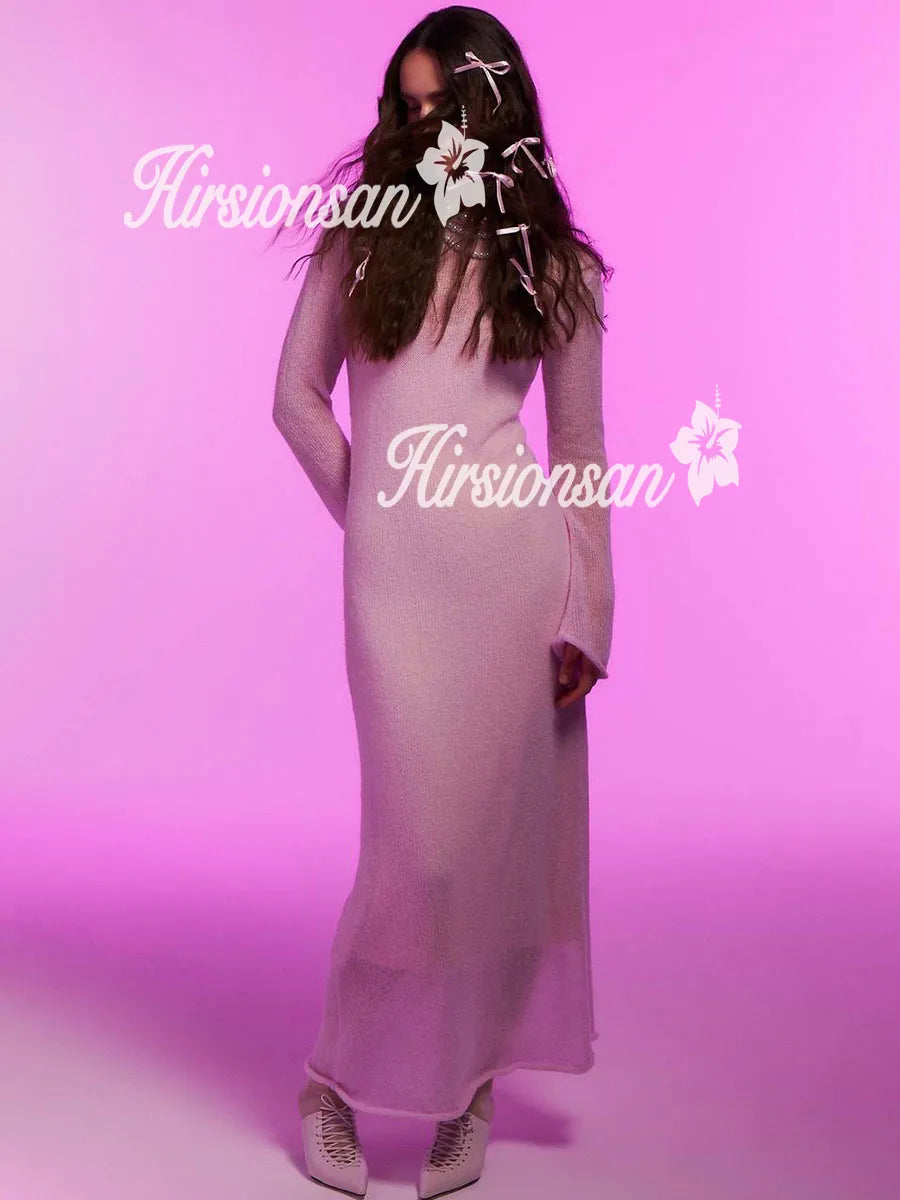 Hirsionsan Spring Autumn O-Neck Elastic Knit Long Dresses Women