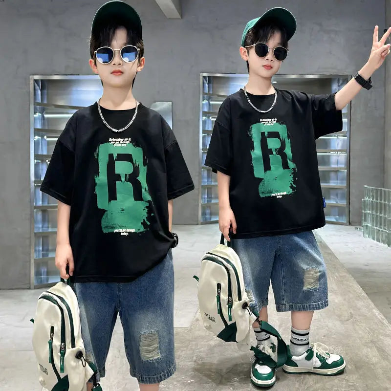 New Boys Fashion Summer 2pcs Cotton T-shirts+Denim Shorts.