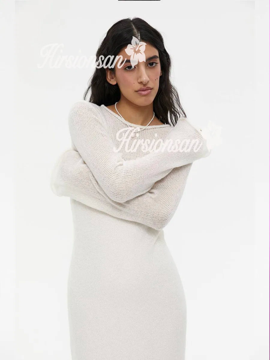 Hirsionsan Spring Autumn O-Neck Elastic Knit Long Dresses Women