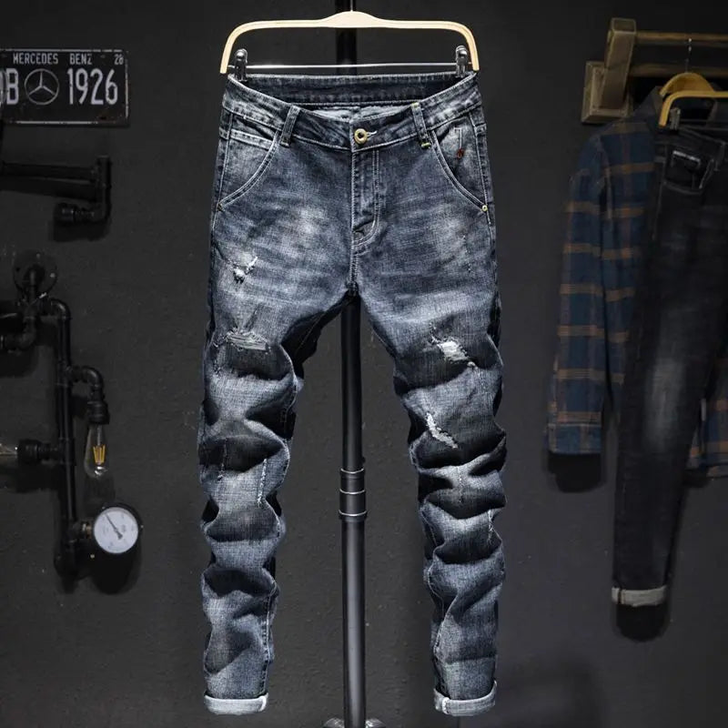 Men Ripped Worn-out Slim-fit Cotton Denim Pants