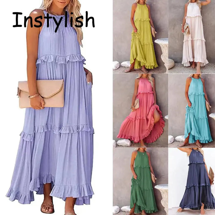Women Casual Solid Ruffles Long Dress.