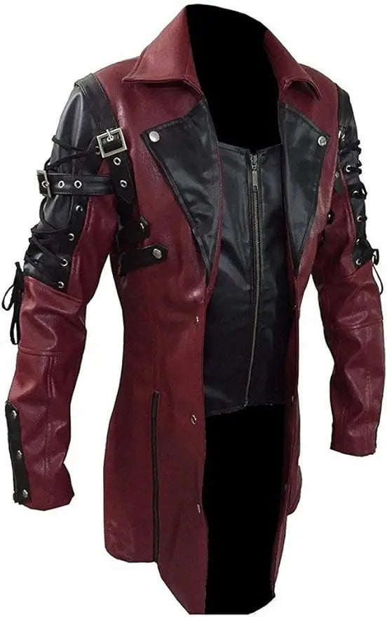New Steampunk Men's Gothic Trench Coat Leather Jacket