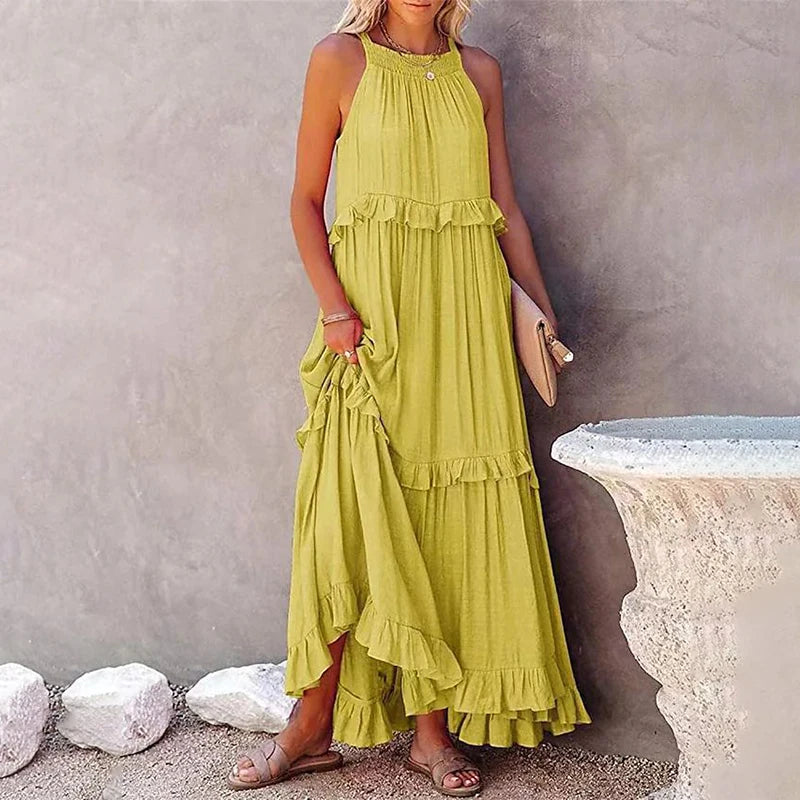 Women Casual Solid Ruffles Long Dress