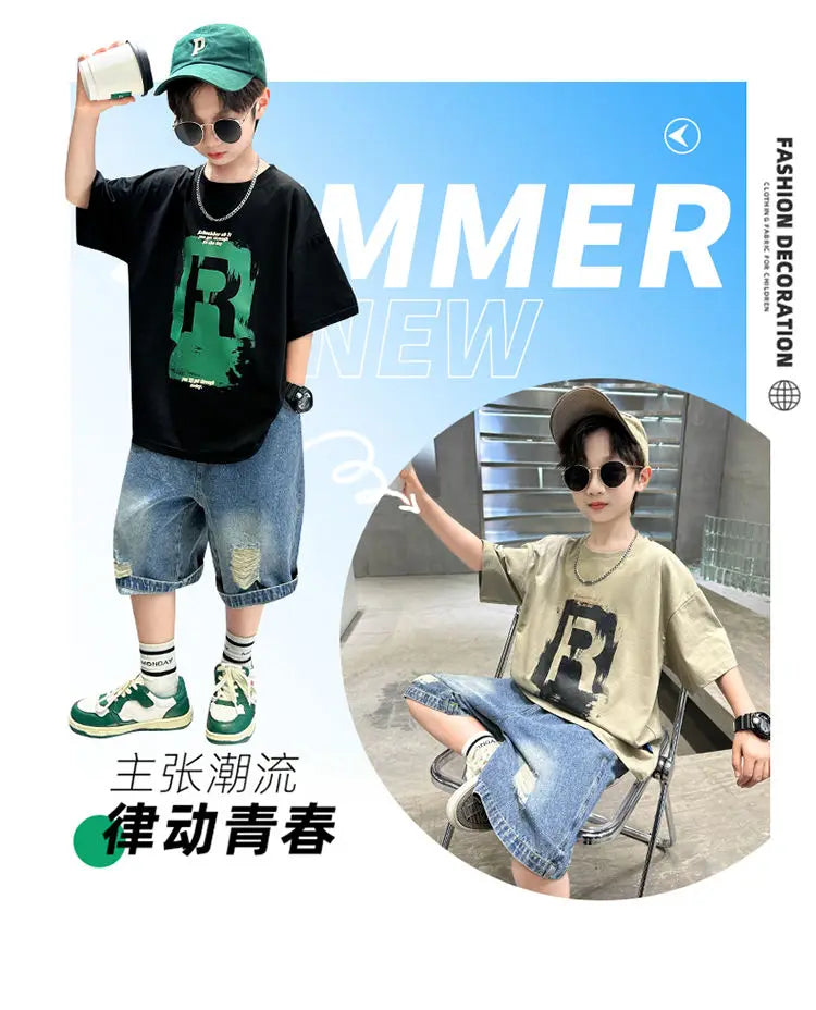 New Boys Fashion Summer 2pcs Cotton T-shirts+Denim Shorts.