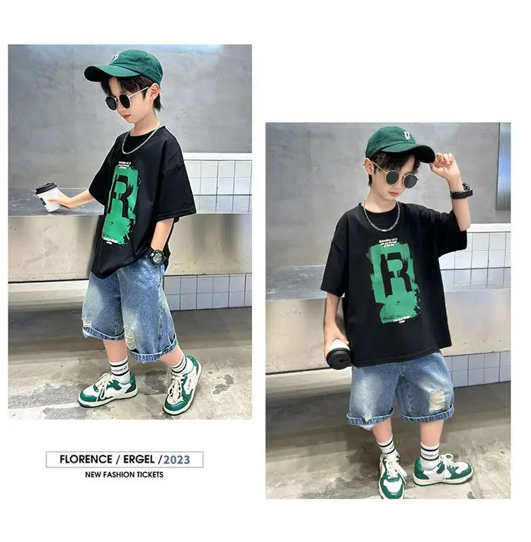 New Boys Fashion Summer 2pcs Cotton T-shirts+Denim Shorts.