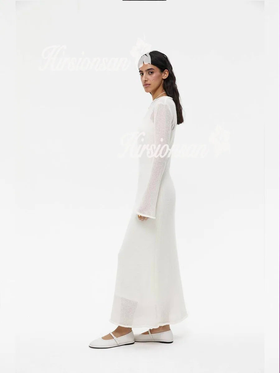 Hirsionsan Spring Autumn O-Neck Elastic Knit Long Dresses Women