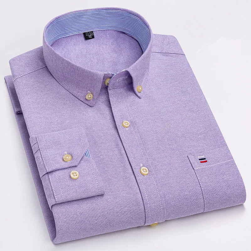 Long Sleeve Plaid Oxford Casual Solid Shirt