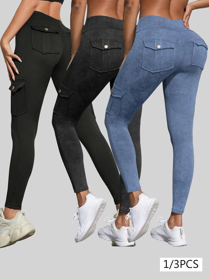 1/3 PCS Washed Print Work Pocket Women Leggings.