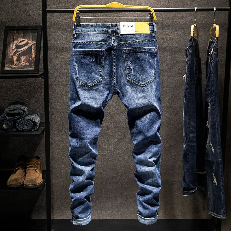 Men Ripped Worn-out Slim-fit Cotton Denim Pants
