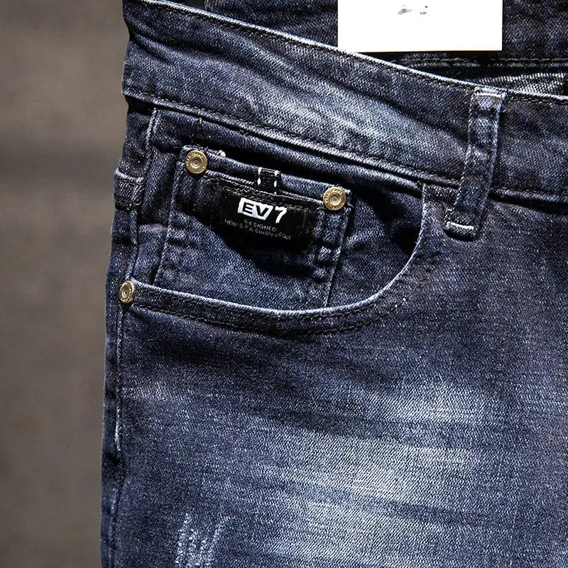 Men Ripped Worn-out Slim-fit Cotton Denim Pants
