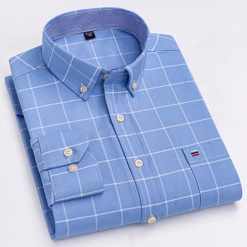 Long Sleeve Plaid Oxford Casual Solid Shirt