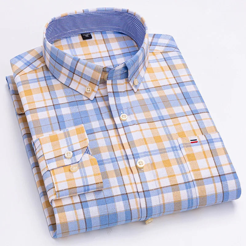 Long Sleeve Plaid Oxford Casual Solid Shirt