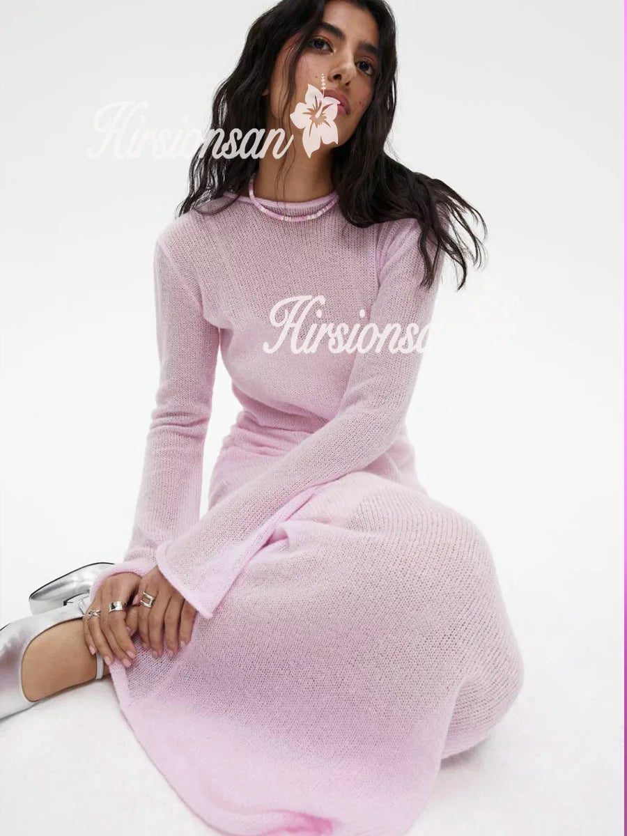 Hirsionsan Spring Autumn O-Neck Elastic Knit Long Dresses Women
