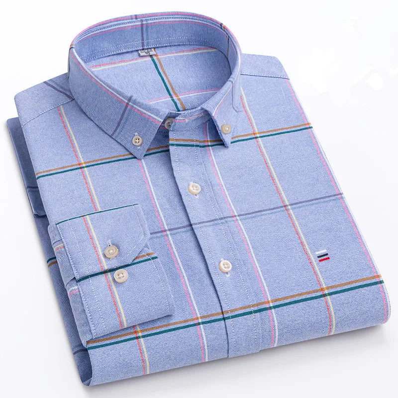 Long Sleeve Plaid Oxford Casual Solid Shirt