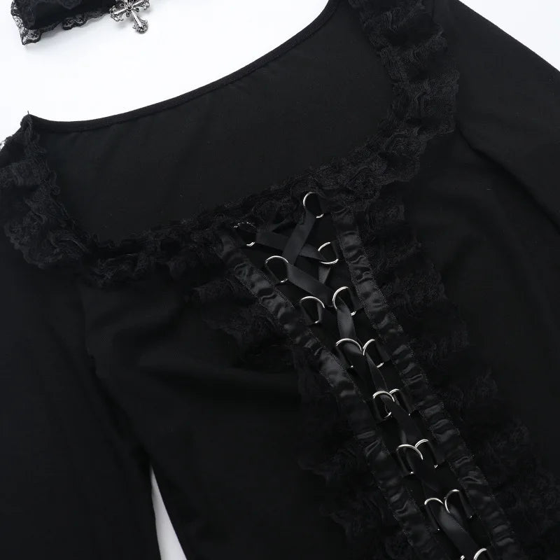 Goth Black Lace Trim Long Sleeve T-Shirts Vintage Sexy.