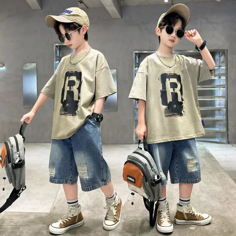 New Boys Fashion Summer 2pcs Cotton T-shirts+Denim Shorts.