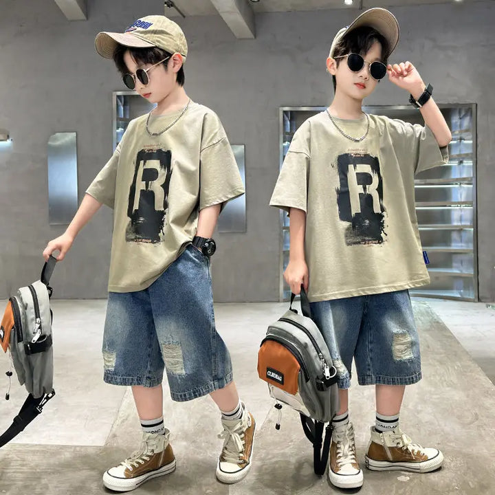 New Boys Fashion Summer 2pcs Cotton T-shirts+Denim Shorts.