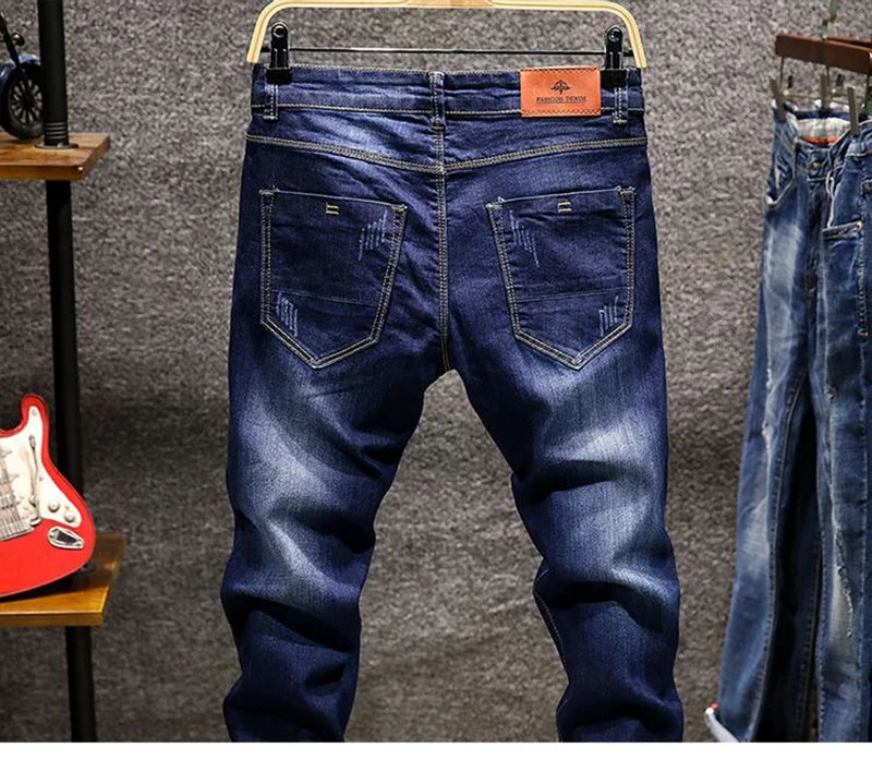 Men Ripped Worn-out Slim-fit Cotton Denim Pants