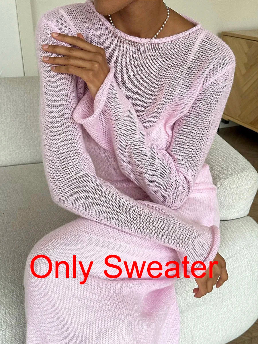 Hirsionsan Spring Autumn O-Neck Elastic Knit Long Dresses Women
