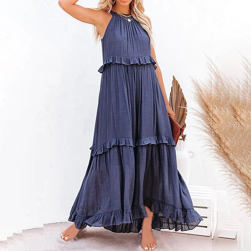 Women Casual Solid Ruffles Long Dress