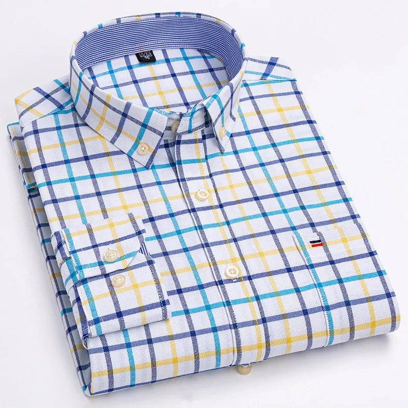 Long Sleeve Plaid Oxford Casual Solid Shirt