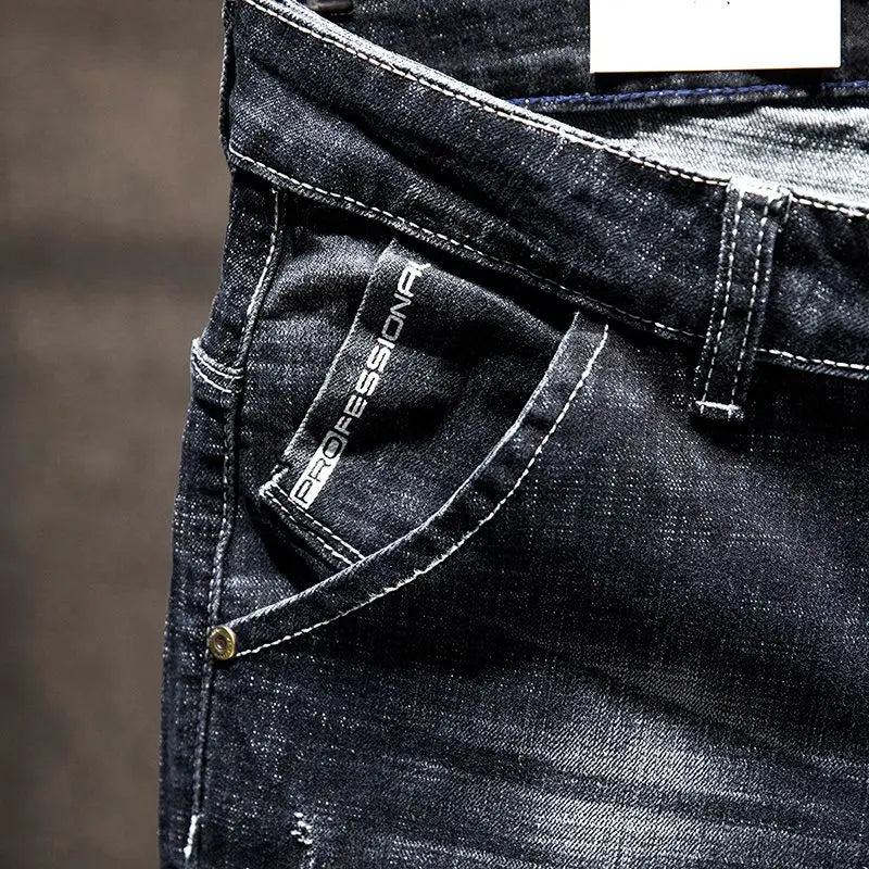 Men Ripped Worn-out Slim-fit Cotton Denim Pants