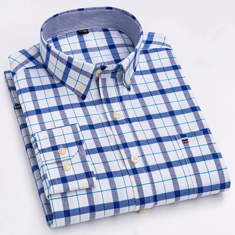 Long Sleeve Plaid Oxford Casual Solid Shirt
