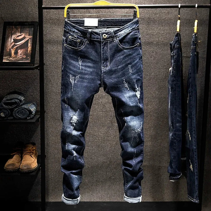 Men Ripped Worn-out Slim-fit Cotton Denim Pants