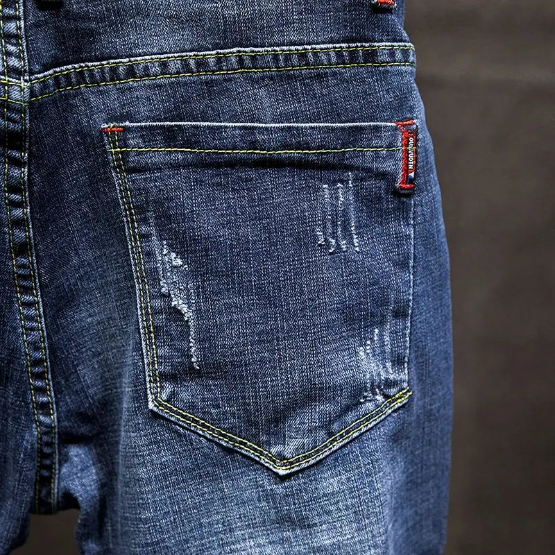 Men Ripped Worn-out Slim-fit Cotton Denim Pants
