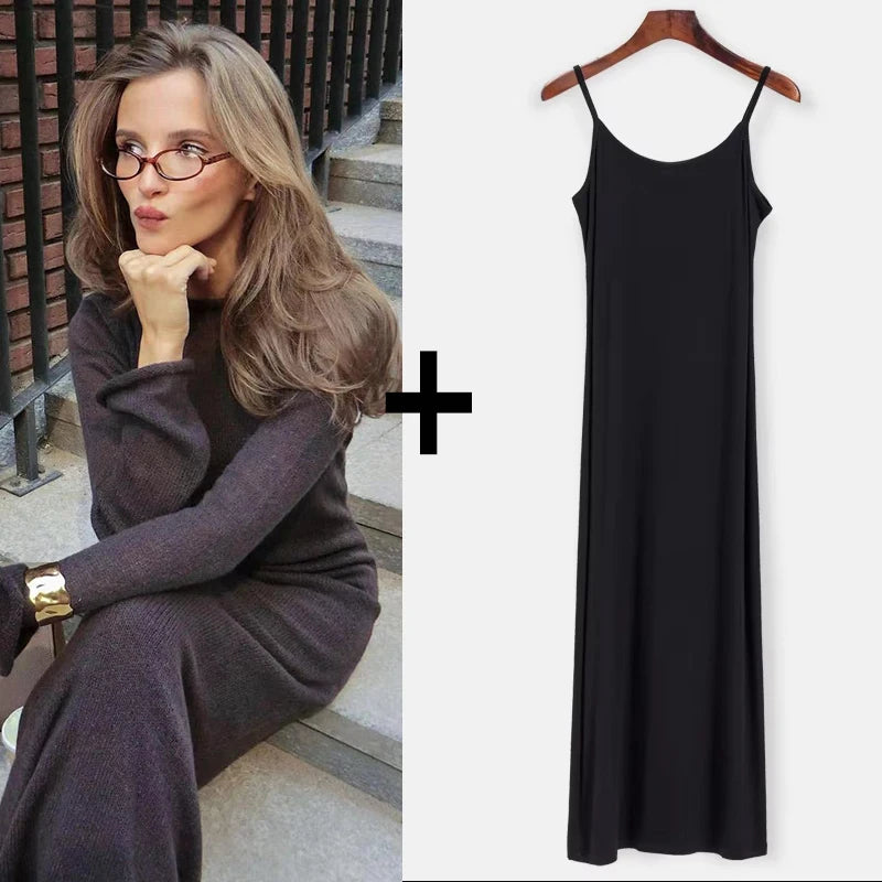 Hirsionsan Spring Autumn O-Neck Elastic Knit Long Dresses Women