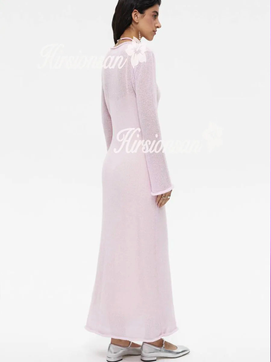 Hirsionsan Spring Autumn O-Neck Elastic Knit Long Dresses Women