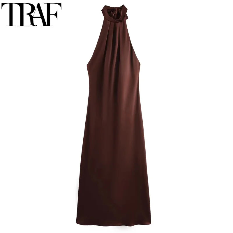TRAF Halter Satin Long Dress Women.