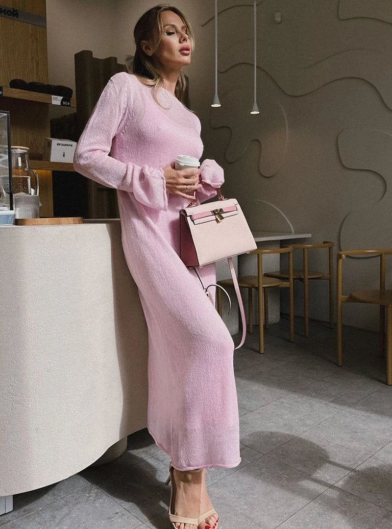 Hirsionsan Spring Autumn O-Neck Elastic Knit Long Dresses Women