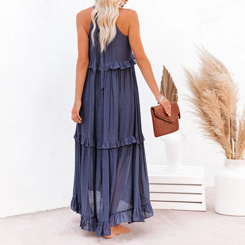 Women Casual Solid Ruffles Long Dress.