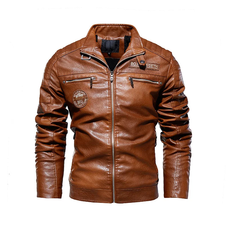 Leather Jacket Men Winter Fleece Motorcycle Faux