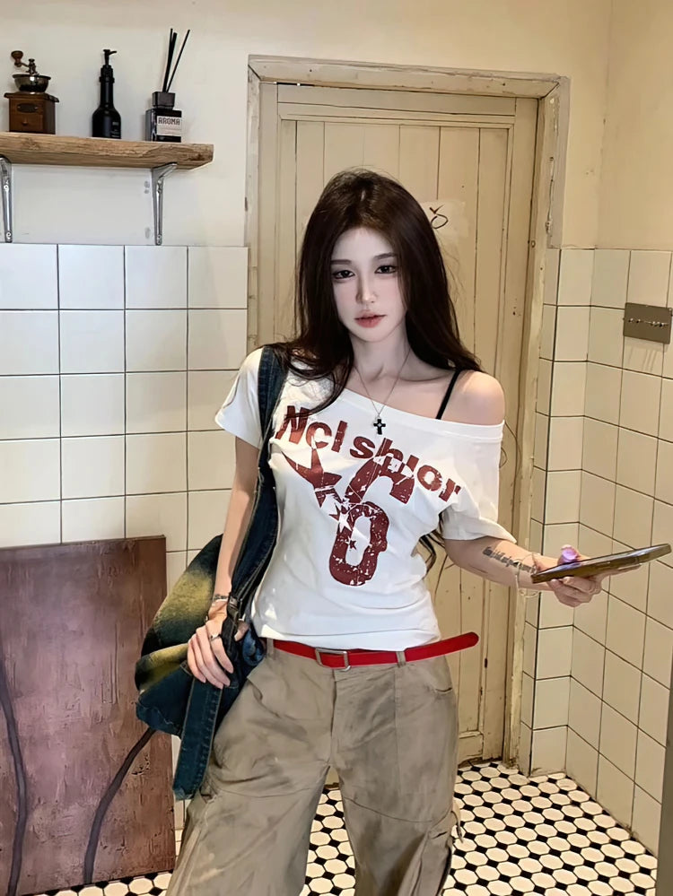 Y2k Sport Summer Off shoulder Top Women Sexy Vintage.